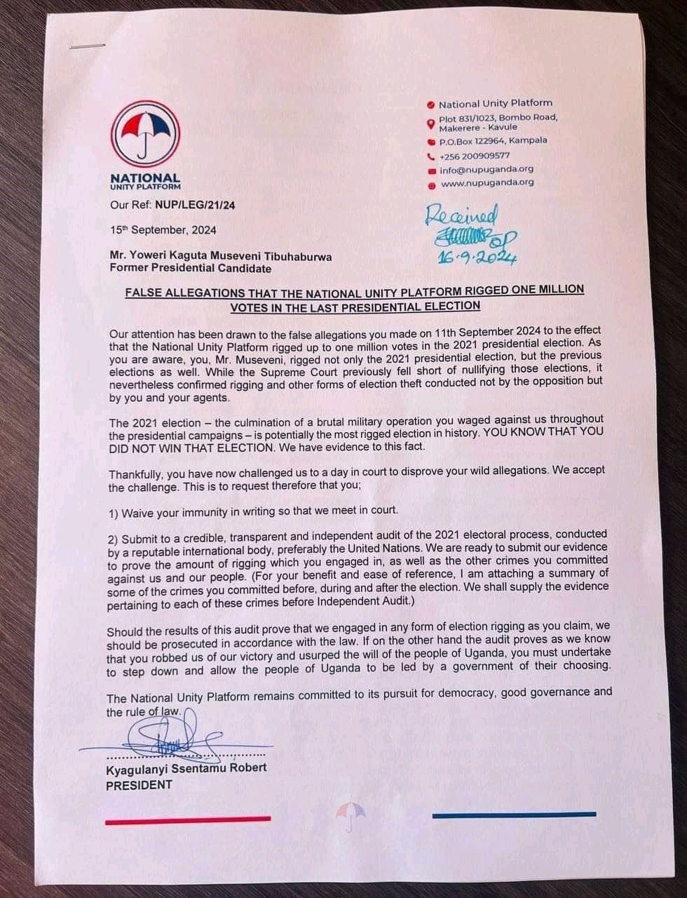 Bobi Wine's letter to Museveni