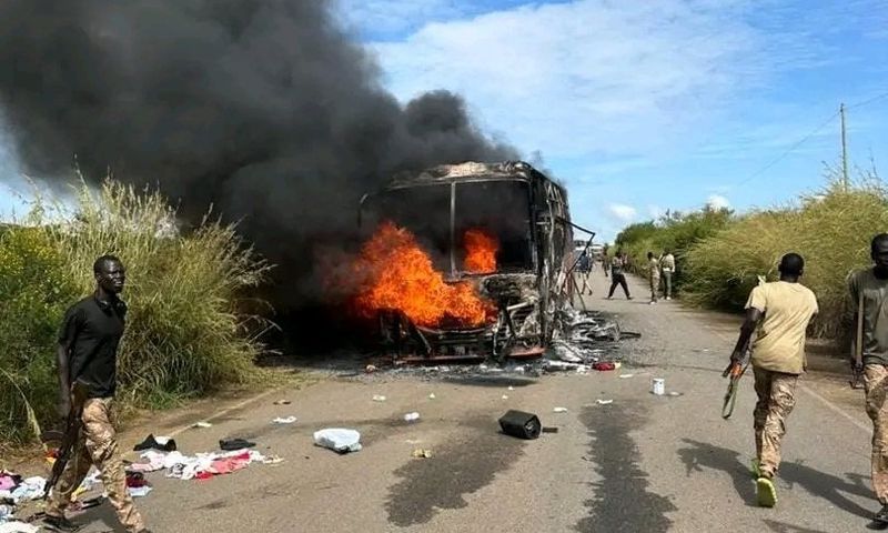 The bus was reportedly set ablaze during the ambush