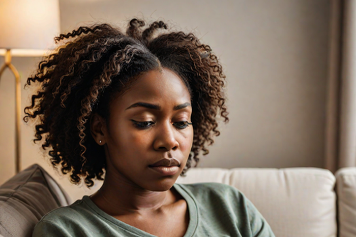 An AI-generated image of a woman looking at her phone (Hotpot.ai)