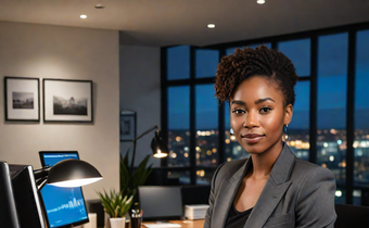 An AI-generated image of a beautiful lady in an office (Source- Hotpot.ai)