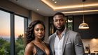 A landscape image of a black modern couple(Man and woman) in a modern set up (Hotpot.ai)