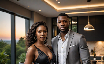 A landscape image of a black modern couple(Man and woman) in a modern set up (Hotpot.ai)