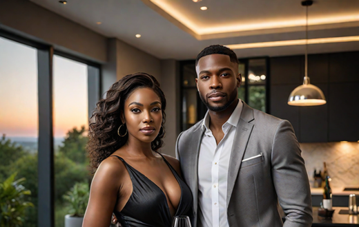 A landscape image of a black modern couple(Man and woman) in a modern set up (Hotpot.ai)