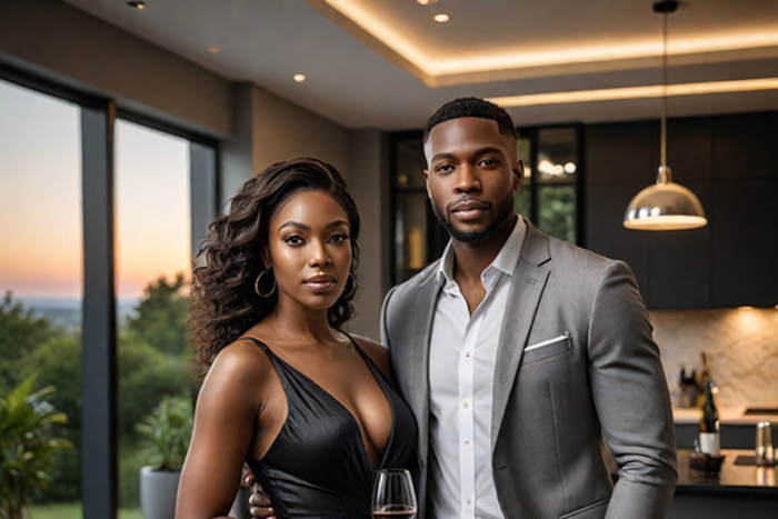 A landscape image of a black modern couple(Man and woman) in a modern set up (Hotpot.ai)