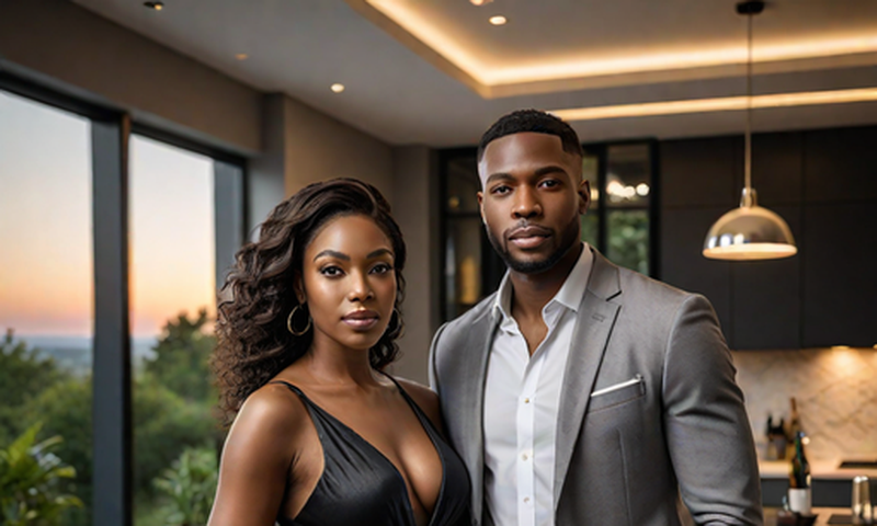 A landscape image of a black modern couple(Man and woman) in a modern set up (Hotpot.ai)