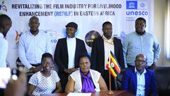Dr. Ruth Tusasirwe Muguta, Principal Social Development Officer at the Ministry with some of the players in the film industry  addressing press on Thursday