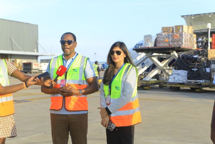 Elvis Ssekyanzi, the Executive Director of GM Tumpeco and Jyoti Puri, General Manager of ABC Limited addressing the press at Entebbe Airport
