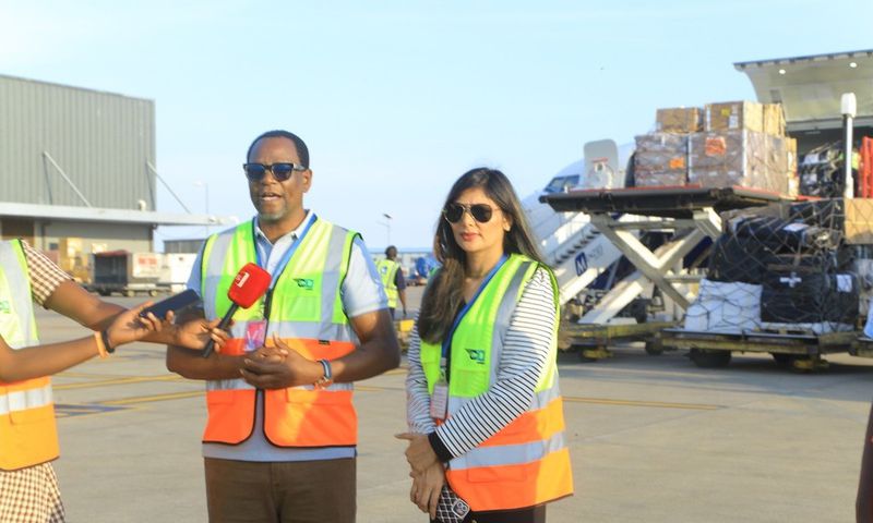 Elvis Ssekyanzi, the Executive Director of GM Tumpeco and Jyoti Puri, General Manager of ABC Limited addressing the press at Entebbe Airport