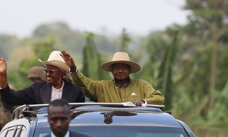 President Yoweri Museveni and wife Janet arrive in Kijaguzo for the birthday fete