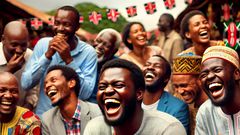 An AI-generated image of a lively scene depicting a black Kenyan man laughing loudly while using his smartphone, surrounded by a group of Kenyan people in a social gathering