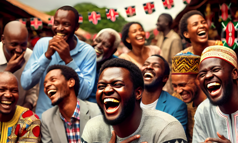 An AI-generated image of a lively scene depicting a black Kenyan man laughing loudly while using his smartphone, surrounded by a group of Kenyan people in a social gathering