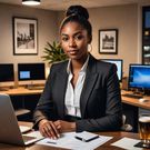 An AI-generated image of a beautiful lady in an office (Source- Hotpot.ai)