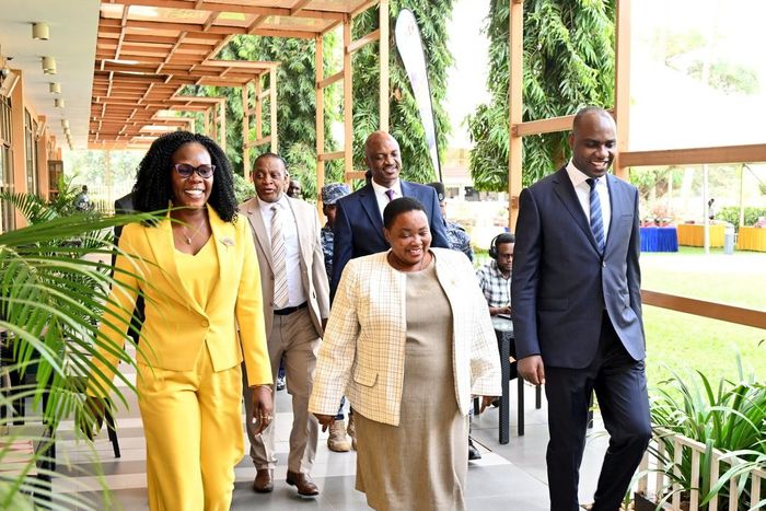 PM Robinah Nabbanja together with Ministers Evelyn Anite and Henry Musasizi arriving at the conference