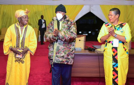 President Yoweri Museveni with Rebecca Kadaga and Anita Among