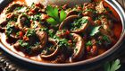 An AI-generated image of a well-prepared plate of matumbo, garnished with fresh herbs and served with a side of white rice.