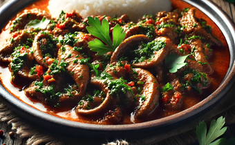 An AI-generated image of a well-prepared plate of matumbo, garnished with fresh herbs and served with a side of white rice.