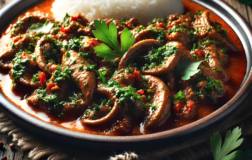 An AI-generated image of a well-prepared plate of matumbo, garnished with fresh herbs and served with a side of white rice.