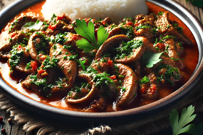 An AI-generated image of a well-prepared plate of matumbo, garnished with fresh herbs and served with a side of white rice.