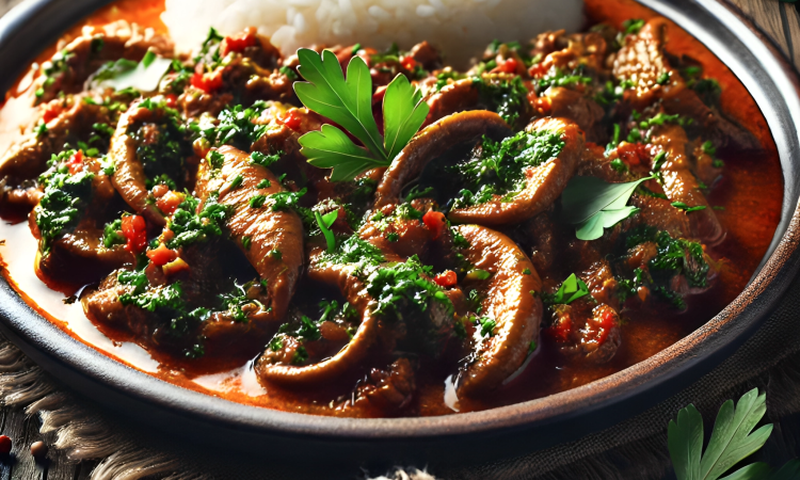 An AI-generated image of a well-prepared plate of matumbo, garnished with fresh herbs and served with a side of white rice.