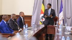 Katikkiro Charles Peter Mayiga addressing Gashumba and his team at Bulange, Mengo