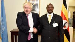 President Yoweri Museveni and Boris Johnson at State House Entebbe