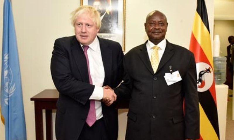 President Yoweri Museveni and Boris Johnson at State House Entebbe
