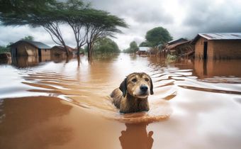 A realistic scene depicting a dog swimming through flood water [Image Credit: DALL·E A]