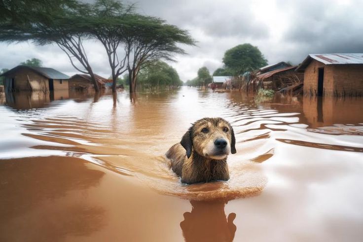 A realistic scene depicting a dog swimming through flood water [Image Credit: DALL·E A]