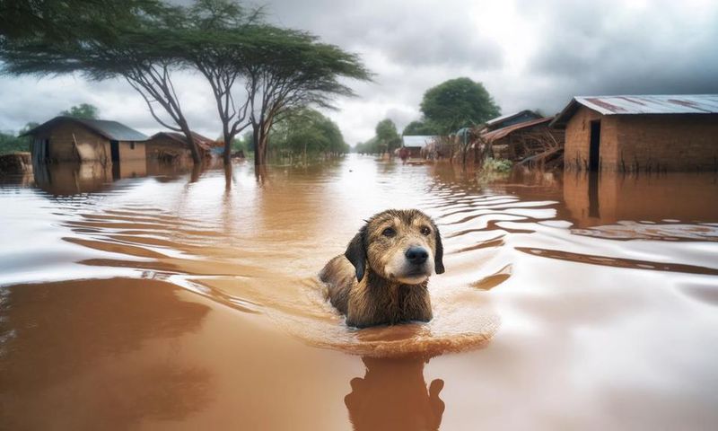 A realistic scene depicting a dog swimming through flood water [Image Credit: DALL·E A]