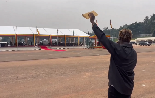 Gravity Omutujju addressing President Museveni at Kololo on Thursday