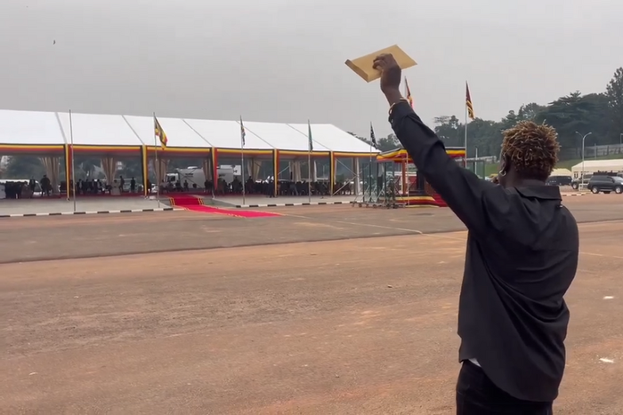 Gravity Omutujju addressing President Museveni at Kololo on Thursday