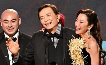 Brian Le, James Hong, and Michelle Yeoh accept the outstanding performance by a cast in a motion picture award for "Everything Everywhere All at Once" at the 2023 SAG awards.Michael Buckner/Variety via Getty Images