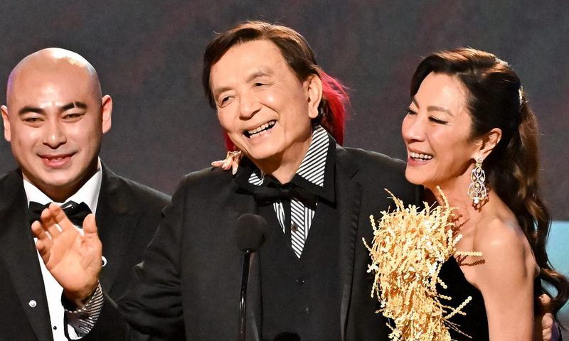 Brian Le, James Hong, and Michelle Yeoh accept the outstanding performance by a cast in a motion picture award for "Everything Everywhere All at Once" at the 2023 SAG awards.Michael Buckner/Variety via Getty Images
