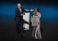 IFA President Gianni Infantino (L) and FIFA Secretary General Fatma Samoura react during the draw ceremony for the 2023 FIFA Women s World Cup in Auckland on October 22, 2022.