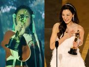 Jobu holding an Oscar in "Everything Everywhere All At Once" / Michelle Yeoh accepts the best actress award for "Everything Everywhere All at Once" on March 12, 2023.A24 / Getty Images