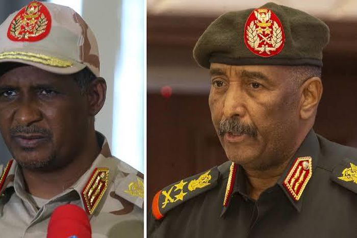 Gen Mohamed Hamdan Dagalo (left) and Gen Abdel Fattah al-Burhan (right) both lead powerful forces