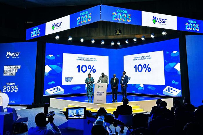 Finance Minister Matia Kasaija announced the 10% interest at NSSF's annual members' meeting (courtesy)