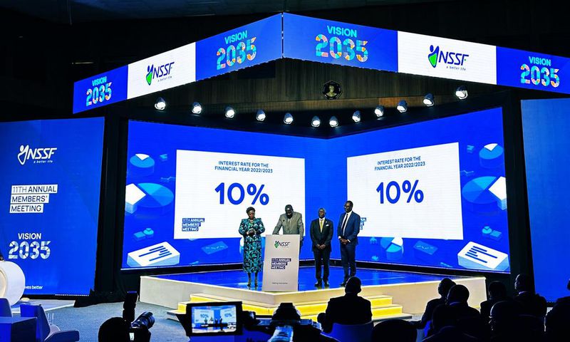 Finance Minister Matia Kasaija announced the 10% interest at NSSF's annual members' meeting (courtesy)