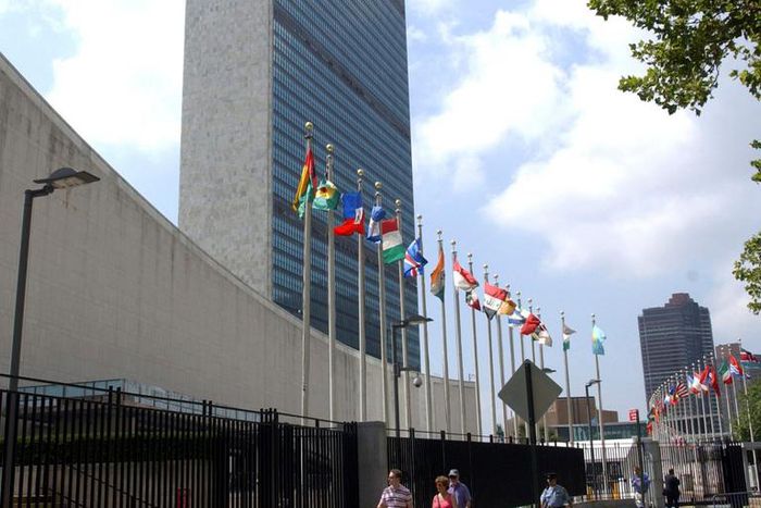 This July 27, 2007 file photo shows the United Nations Headquarters building in New York. Two Myanmar citizens have been arrested on charges alleging that they conspired to oust Myanmar's ambassador to the United Nations by injuring or killing him. U.S...
