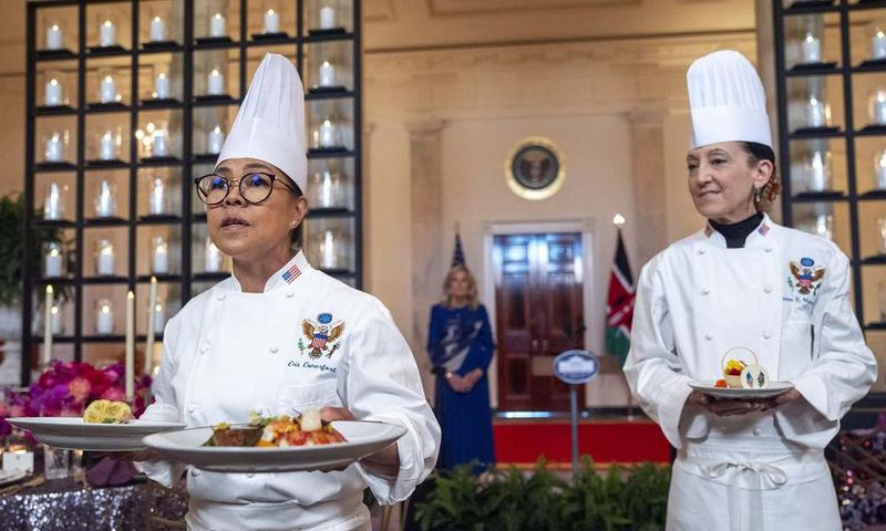 White House Executive Chef Cris Comerford holding meals to be served at President Ruto's state dinner at the White House. Photo Credit: Jacquelyn Martin/AP