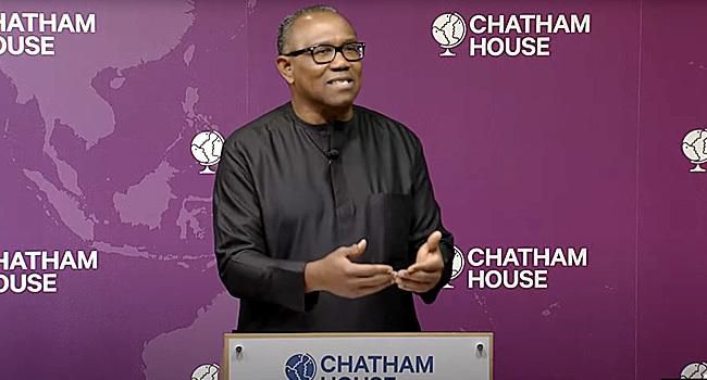 Peter Obi spoke at Chatham House on Monday, January 16, 2023 (Channels TV)
