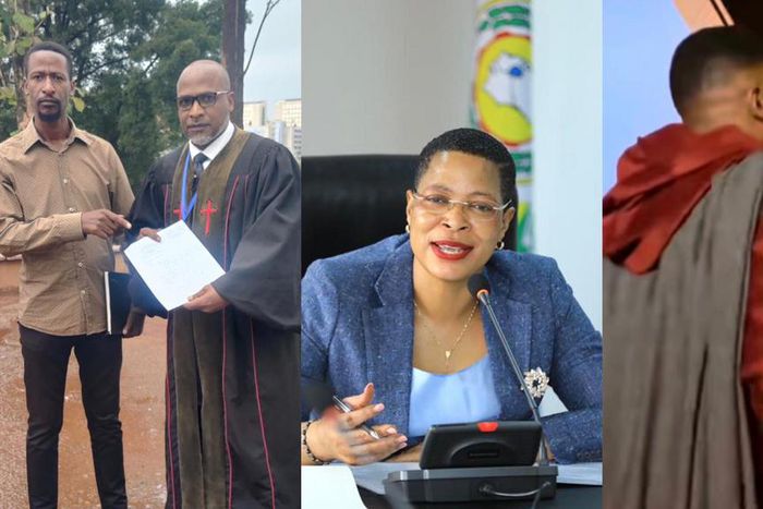 Pastor Martin Ssempa (in black cassock), Anita Among (middle) and a picture showing Chameleone kissing Weasel