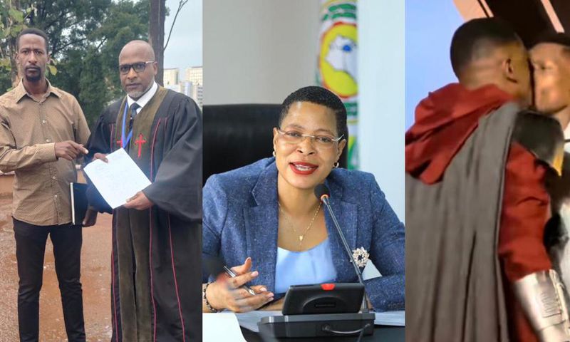 Pastor Martin Ssempa (in black cassock), Anita Among (middle) and a picture showing Chameleone kissing Weasel