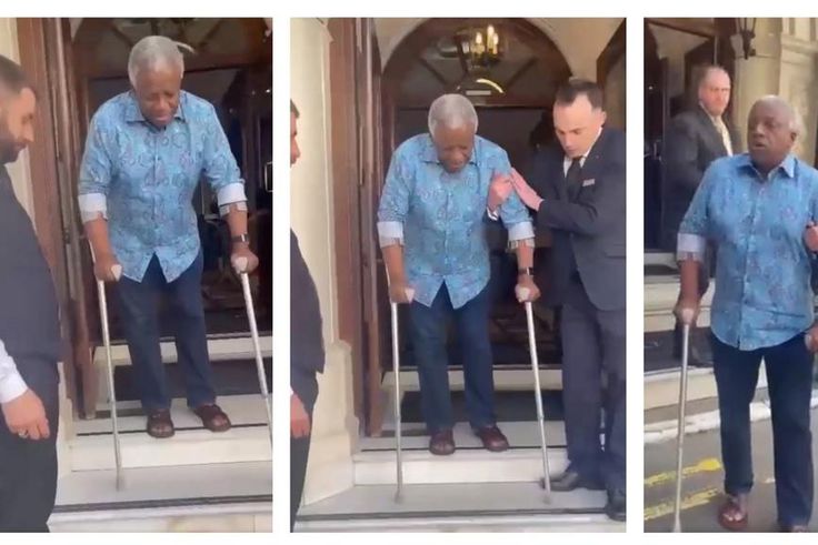 Amama Mbabazi was filmed struggling to walk in London