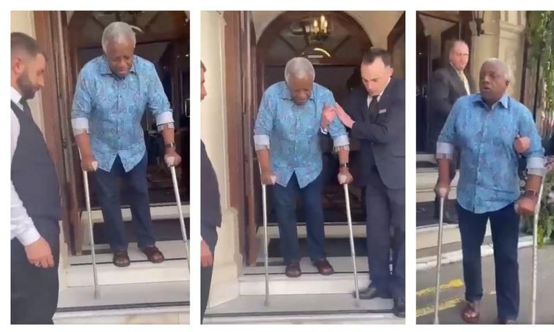 Amama Mbabazi was filmed struggling to walk in London