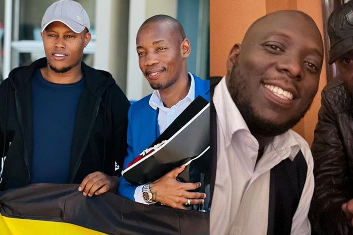 Bryan White with Frank Mwesigye (L) and Kasuku.