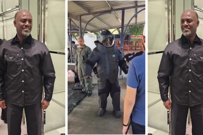 Andrew Mwenda launched inside a bomb suit in Thailand/Instagram