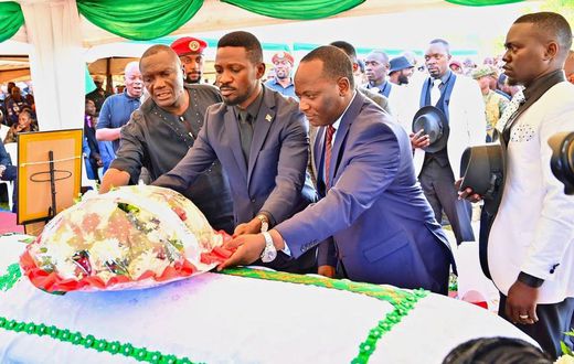 The NUP leadership laying the wreath on the casket of Kato Lubwama