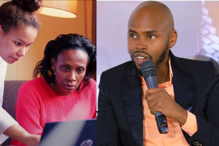 Judith Bosslady (in pink) with her daughter and Alex Muhangi