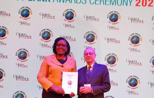 The Bank's General Manager Corporate Communication and Marketing, Ms Beatrice Lugalambi receiving the award in Morocco